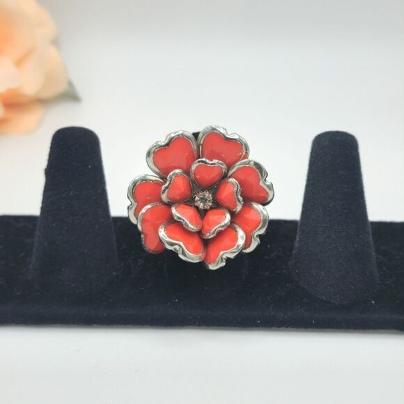 Vintage silver red enamel rhinestone statement ring - Picture 1 of 6